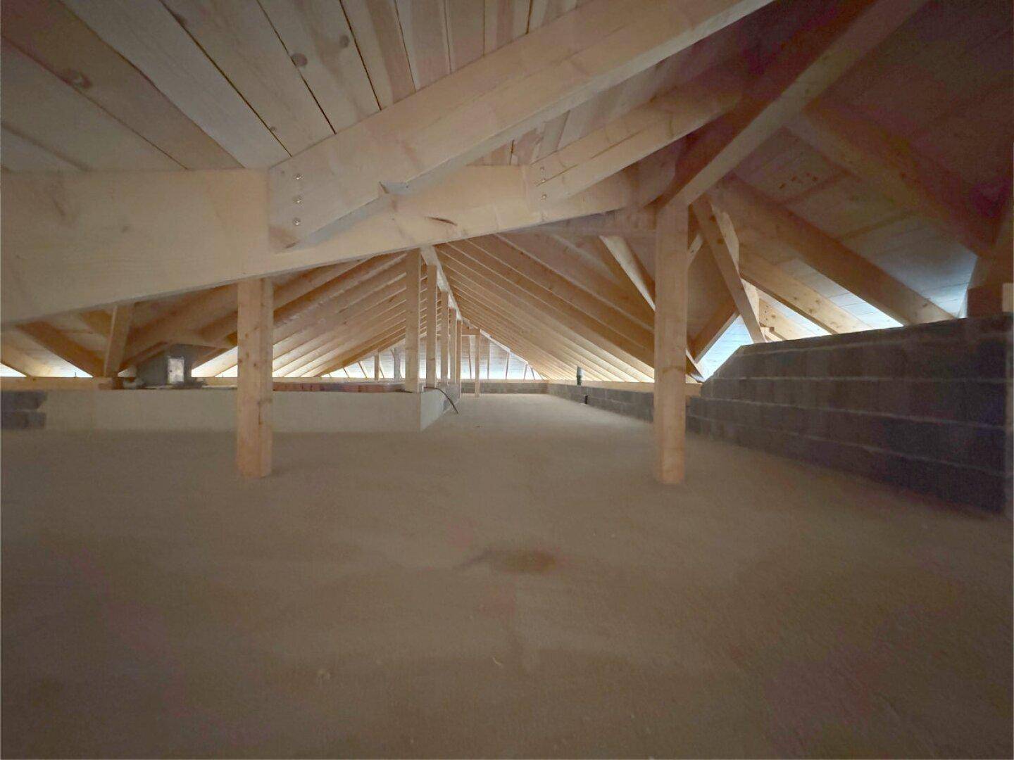 Geräumiger Dachboden mit sichtbaren Holzbalken und viel ungenutztem Raum, bereit für Ausbau.