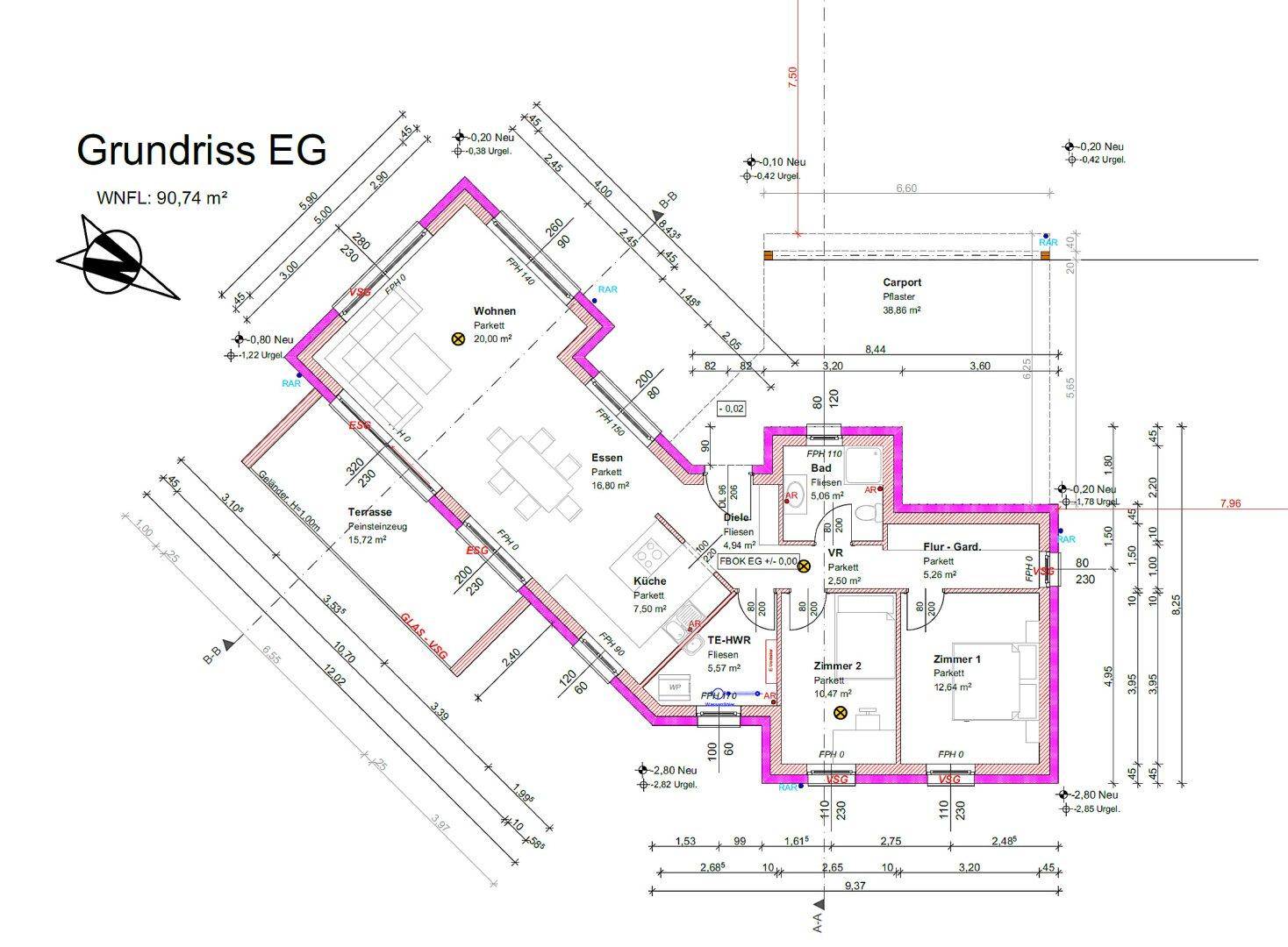 Grundriss des Erdgeschosses mit Wohn-, Ess- und Schlafbereichen sowie Terrasse.
