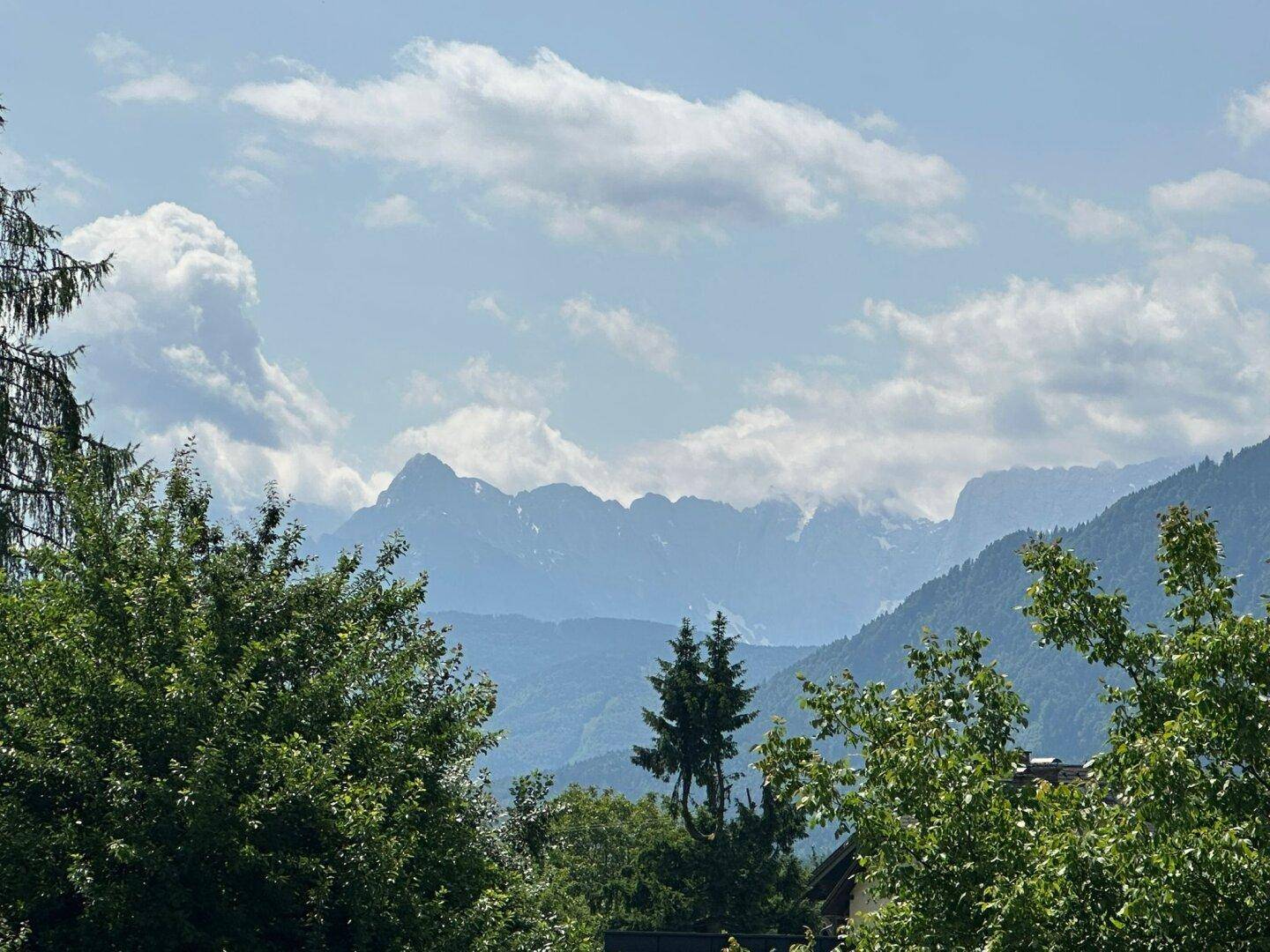 Malerischer Blick auf schneebedeckte Berge und grüne Baumwipfel unter einem bewölkten Himmel.