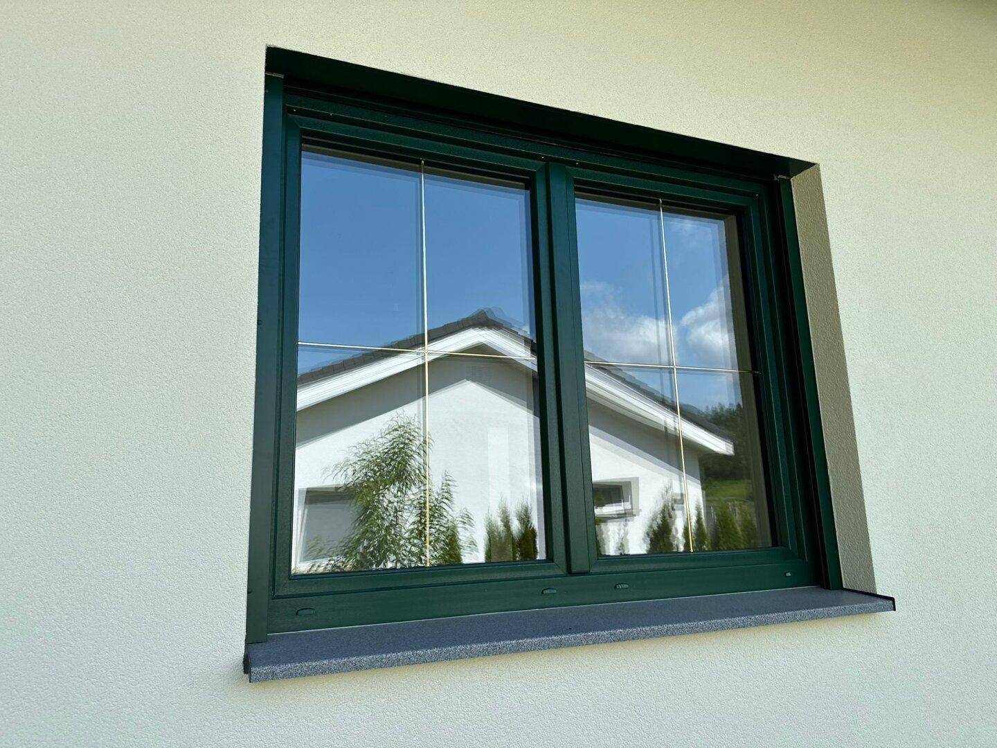 Nahaufnahme eines grünen Fensters mit Sprossen, das die Reflexion eines anderen Hauses zeigt.