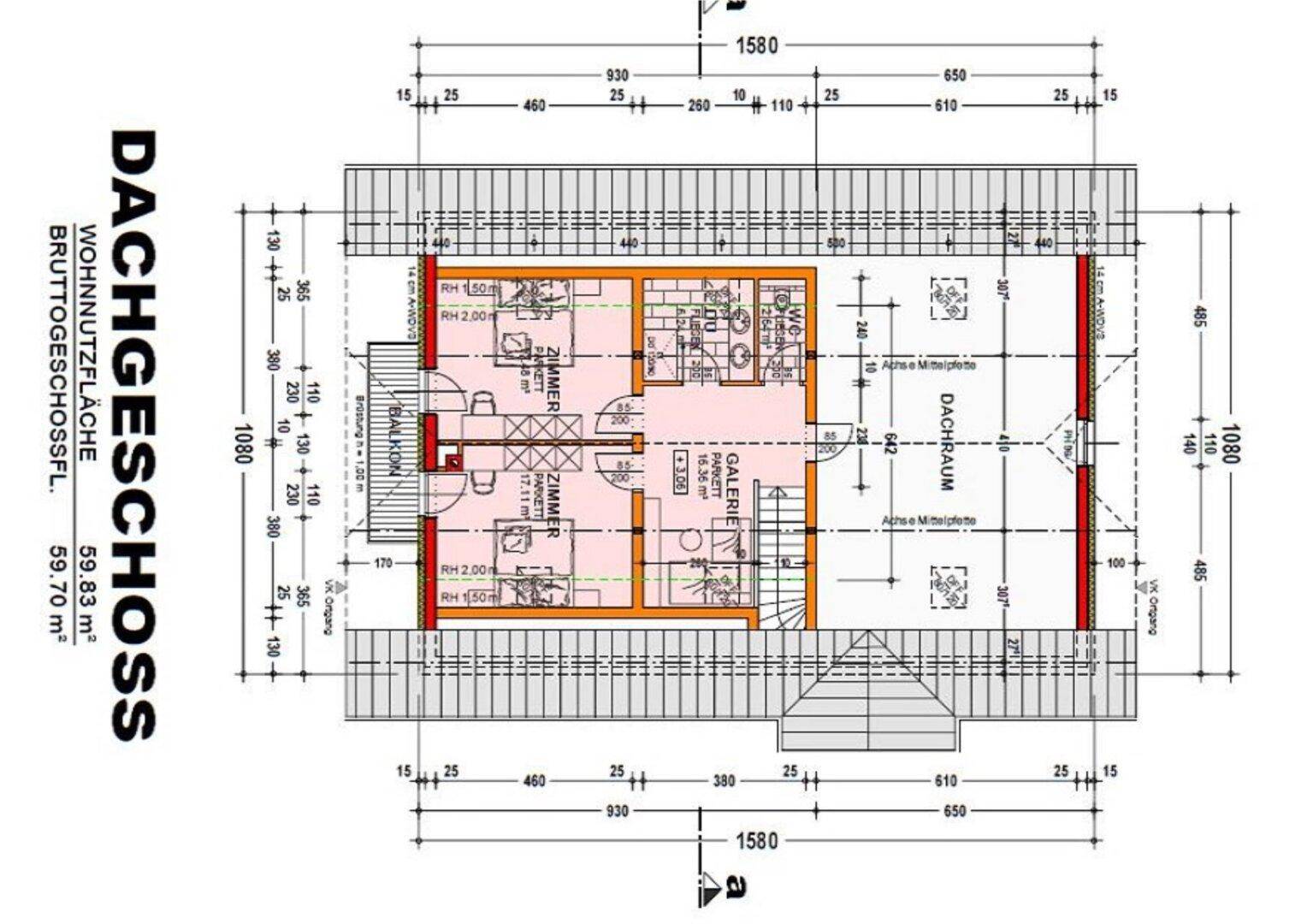 Grundriss des Dachgeschosses mit zwei Zimmern, Galerie, WC, Balkon und sichtbaren Dachschrägen.