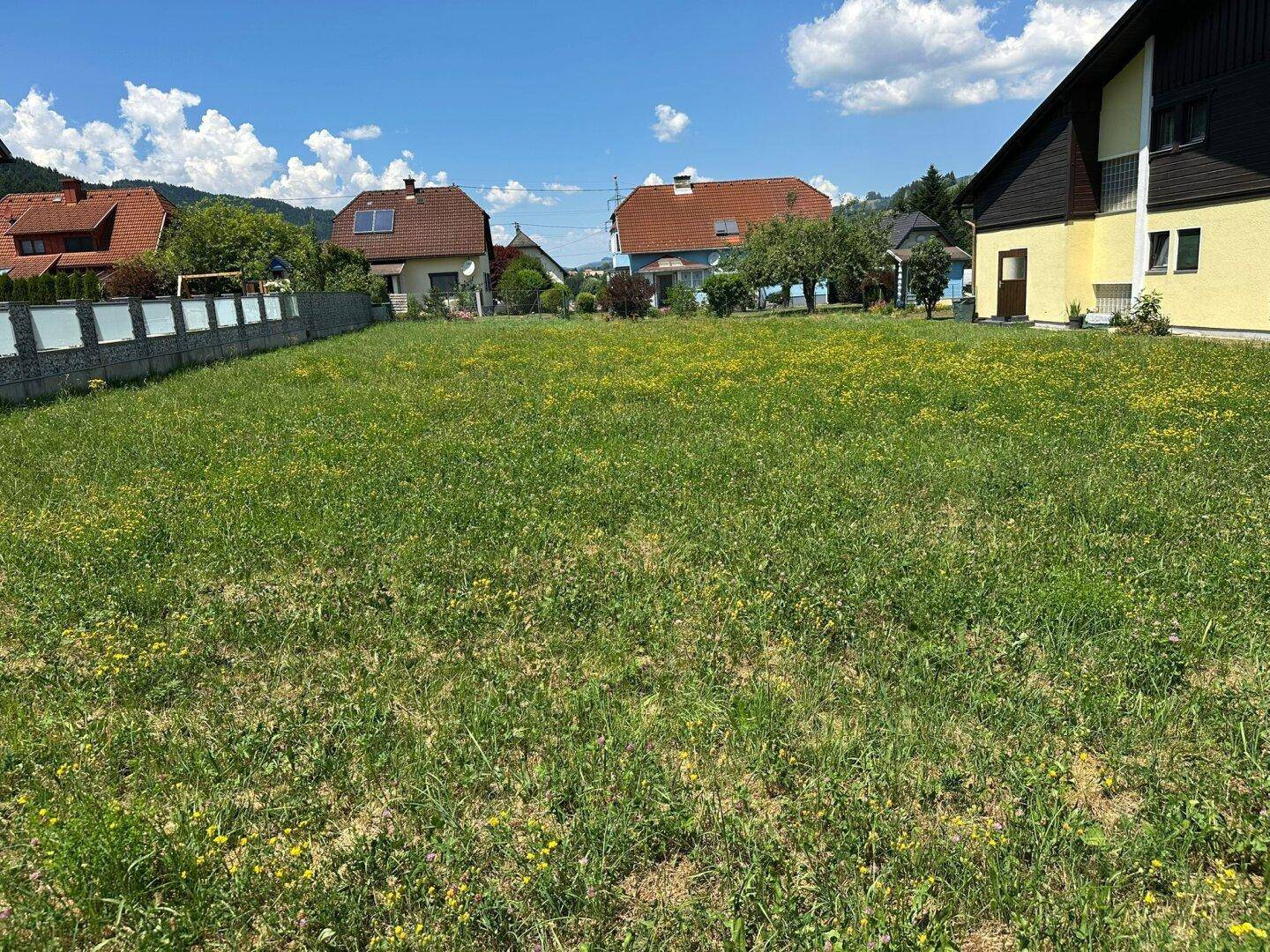Weitläufiges Wiesengrundstück in sonniger Lage mit Blick auf die umliegende Wohnbebauung und Zaun.