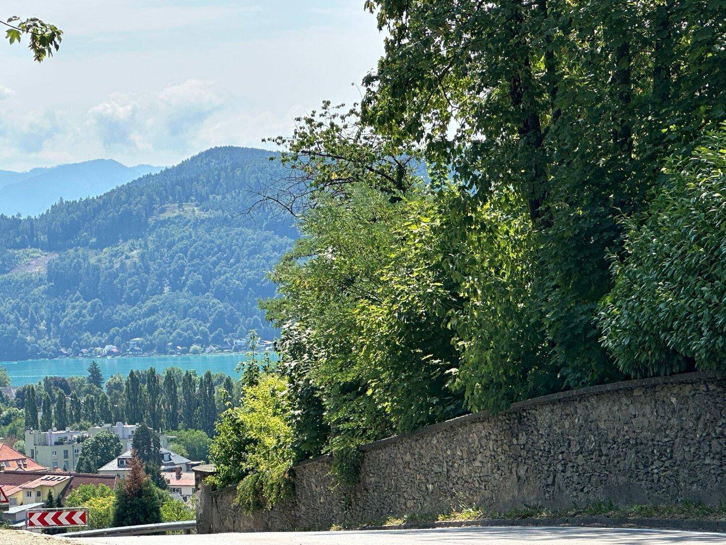 Blick von einer Straße mit Steinmauer auf den See und die Berge, teilweise von Bäumen verdeckt.