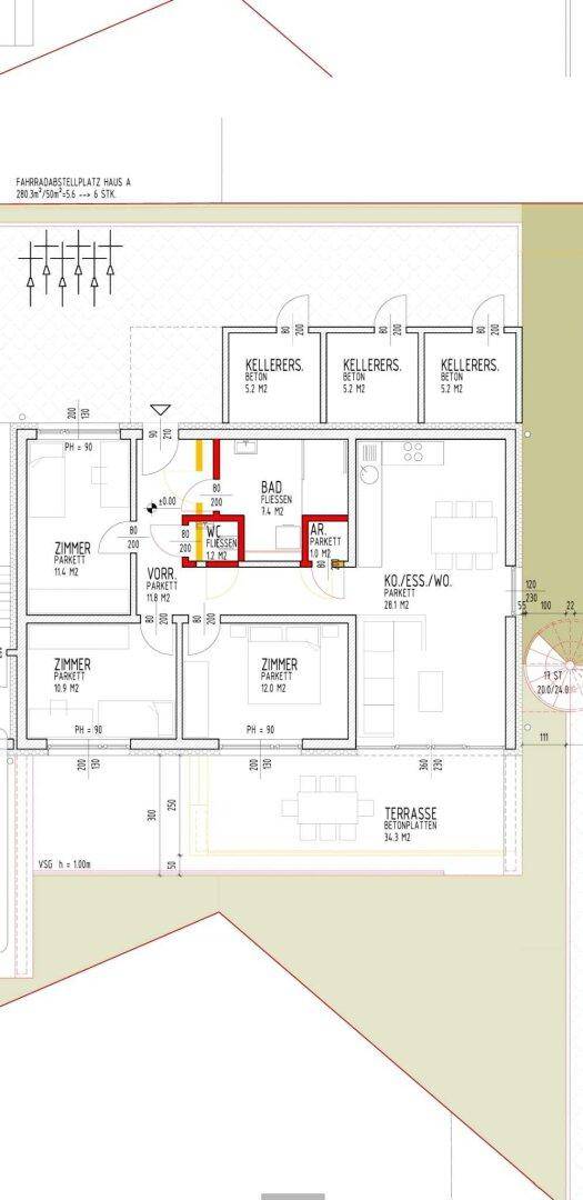 Grundrissplan mit mehreren Zimmern, Kellerabteilen, einem Bad, WC und einer Terrasse.
