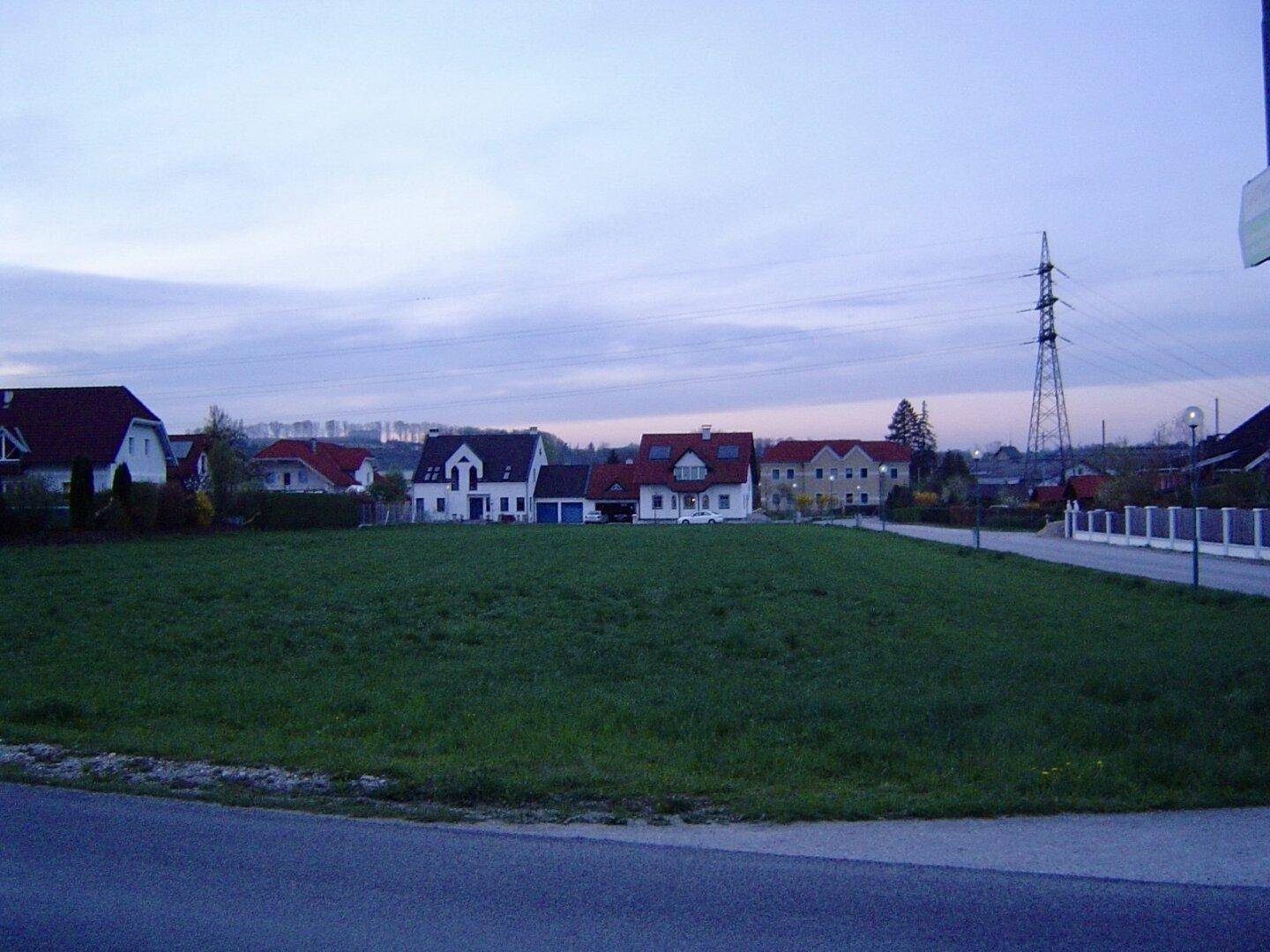 Grüne Wiese bei Dämmerung mit umliegenden Wohnhäusern und einem Strommast in der Ferne.