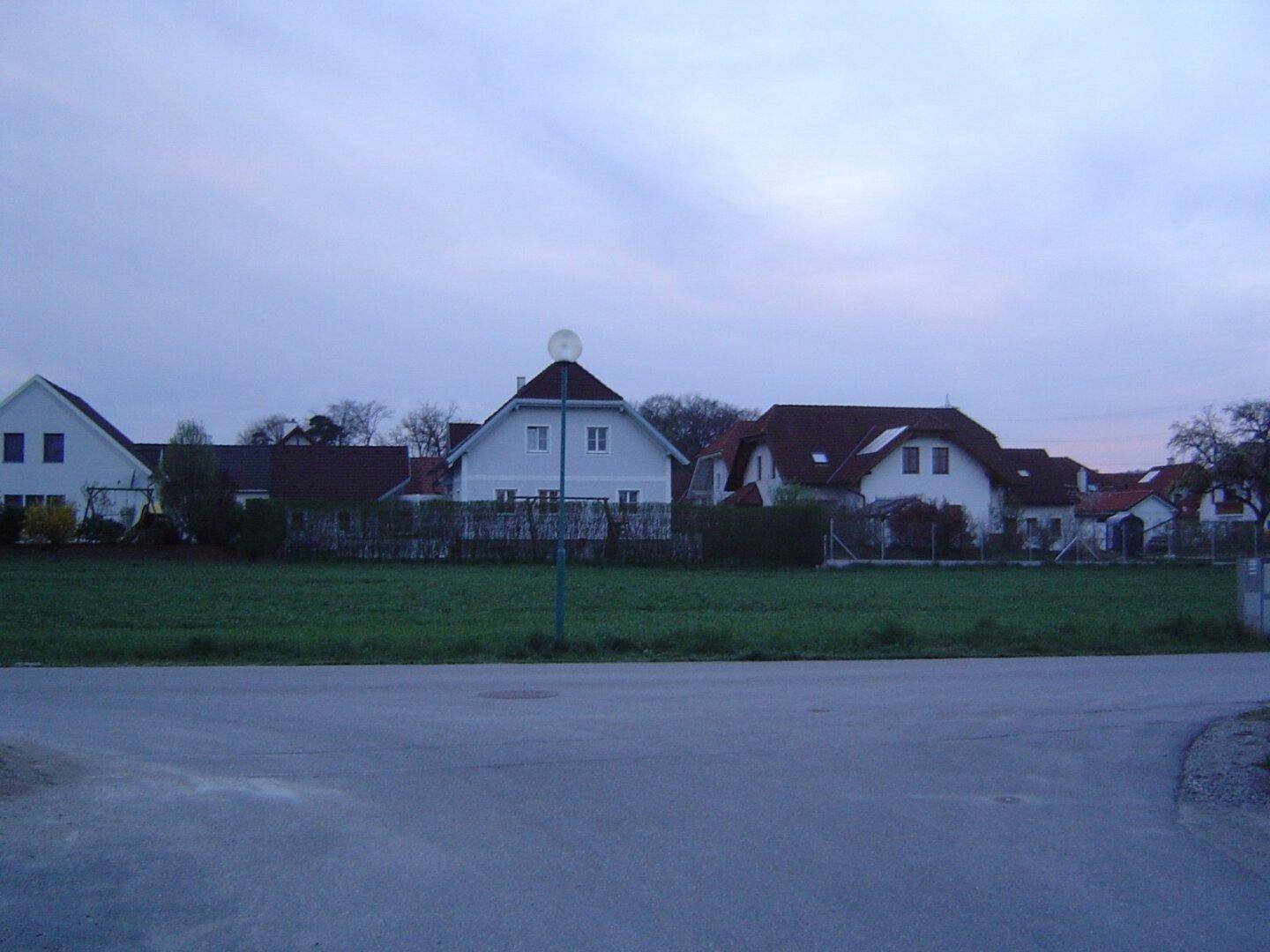 Weitläufige Grünfläche mit Wohnhäusern im Hintergrund und einer Straße im Vordergrund.