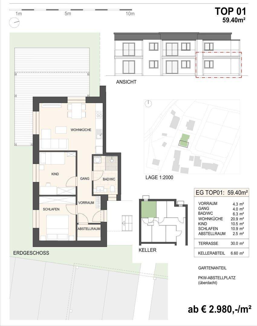 Grundriss für Erdgeschoss-Wohnung TOP 01 mit Wohnküche, Schlafzimmern und Terrasse.