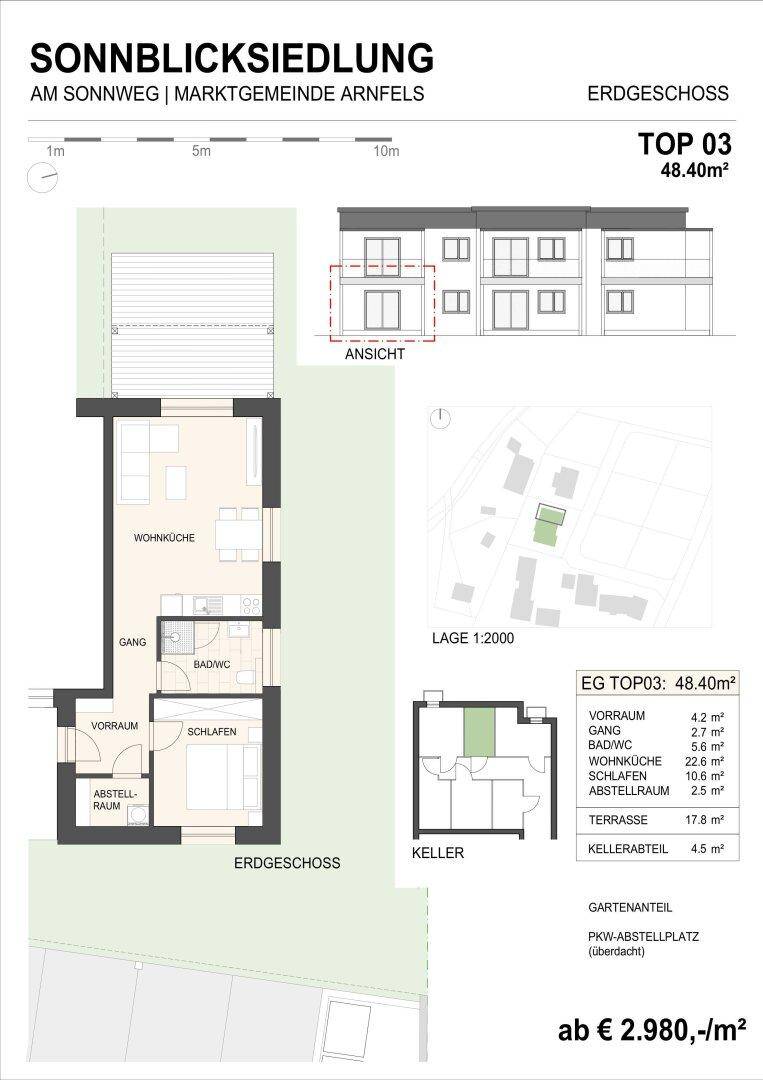 Grundriss für Erdgeschoss-Wohnung TOP 03 mit Wohnküche, Schlafzimmer und Terrasse.