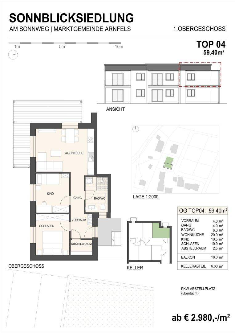 Grundriss für Obergeschoss-Wohnung TOP 04 mit Wohnküche, Schlafzimmern und Balkon.