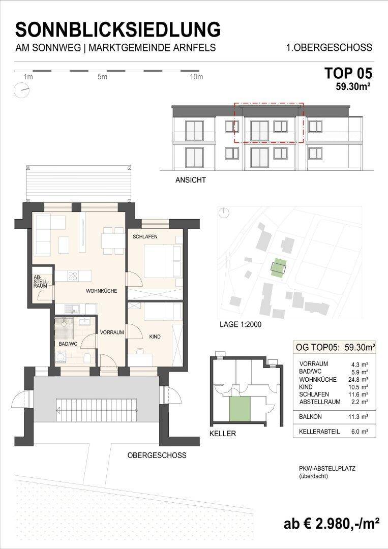 Grundriss für Obergeschoss-Wohnung TOP 05 mit Wohnküche, Schlafzimmern und großem Balkon.