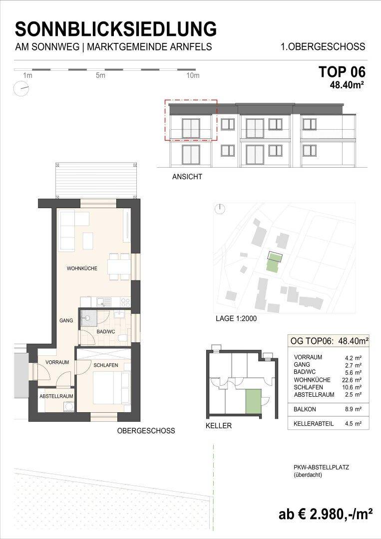 Grundriss für Obergeschoss-Wohnung TOP 06 mit Wohnküche, Schlafzimmer und Balkon.
