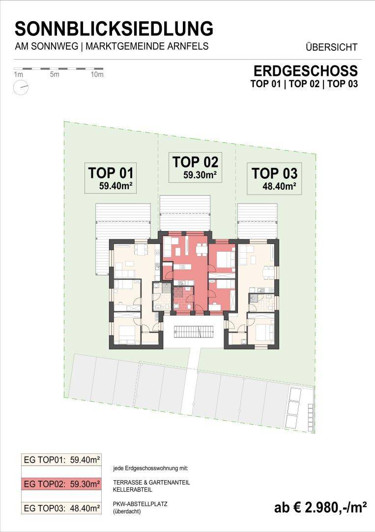 Grundriss des Erdgeschosses mit drei Wohneinheiten, jeweils mit Terrasse, Gartenanteil und Kellerabteil.