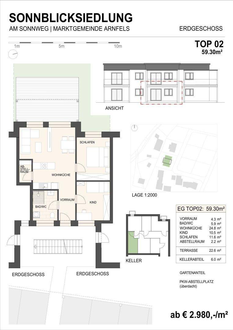 Grundriss für Erdgeschoss-Wohnung TOP 02 mit Wohnküche, Schlafzimmern und großer Terrasse.