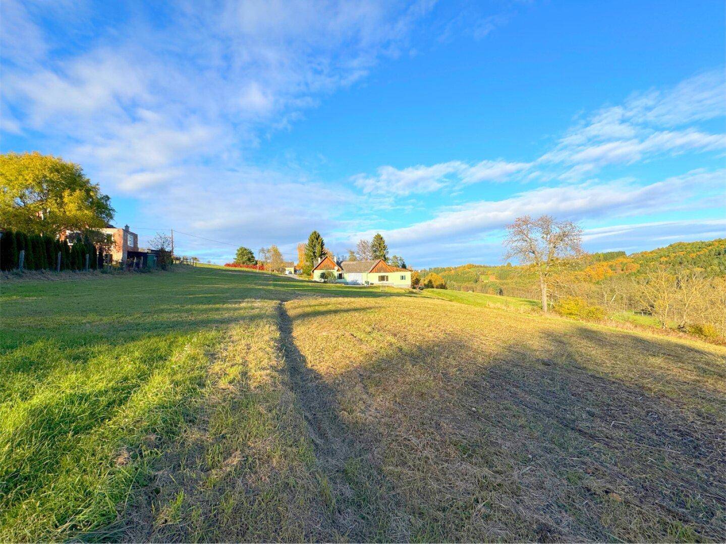 Panoramablick über eine weite grüne Wiese mit ländlicher Bebauung und Wäldern in der Ferne.