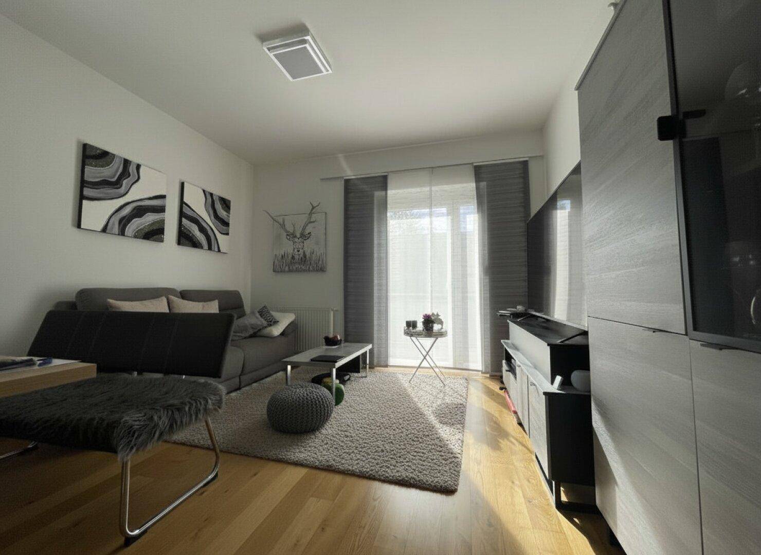 Helles Wohnzimmer mit Holzboden, Sofa, Teppich und Zugang zum Balkon.