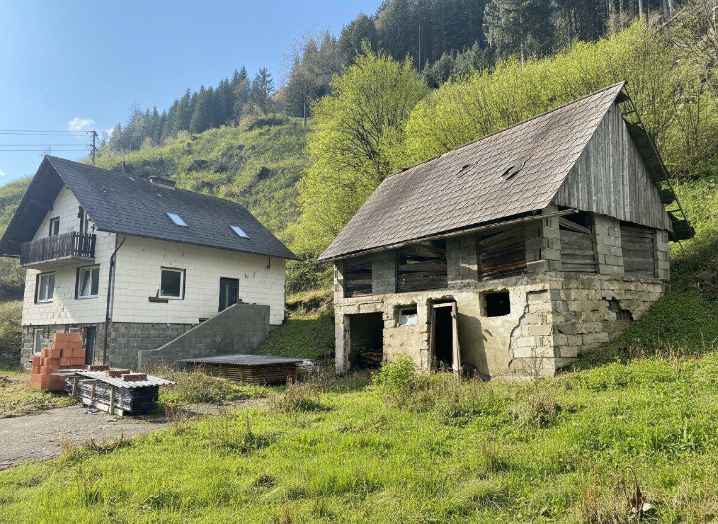 Ländliches Anwesen mit Wohnhaus und baufälligem Nebengebäude vor bewaldetem Hügel.