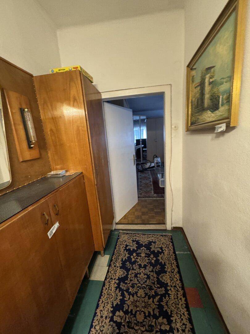 Flur mit Teppichläufer und Blick in einen angrenzenden Wohnbereich.
