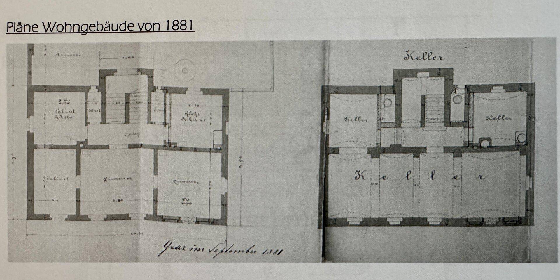 Historischer Grundriss eines Wohngebäudes aus dem Jahr 1881 mit Keller.