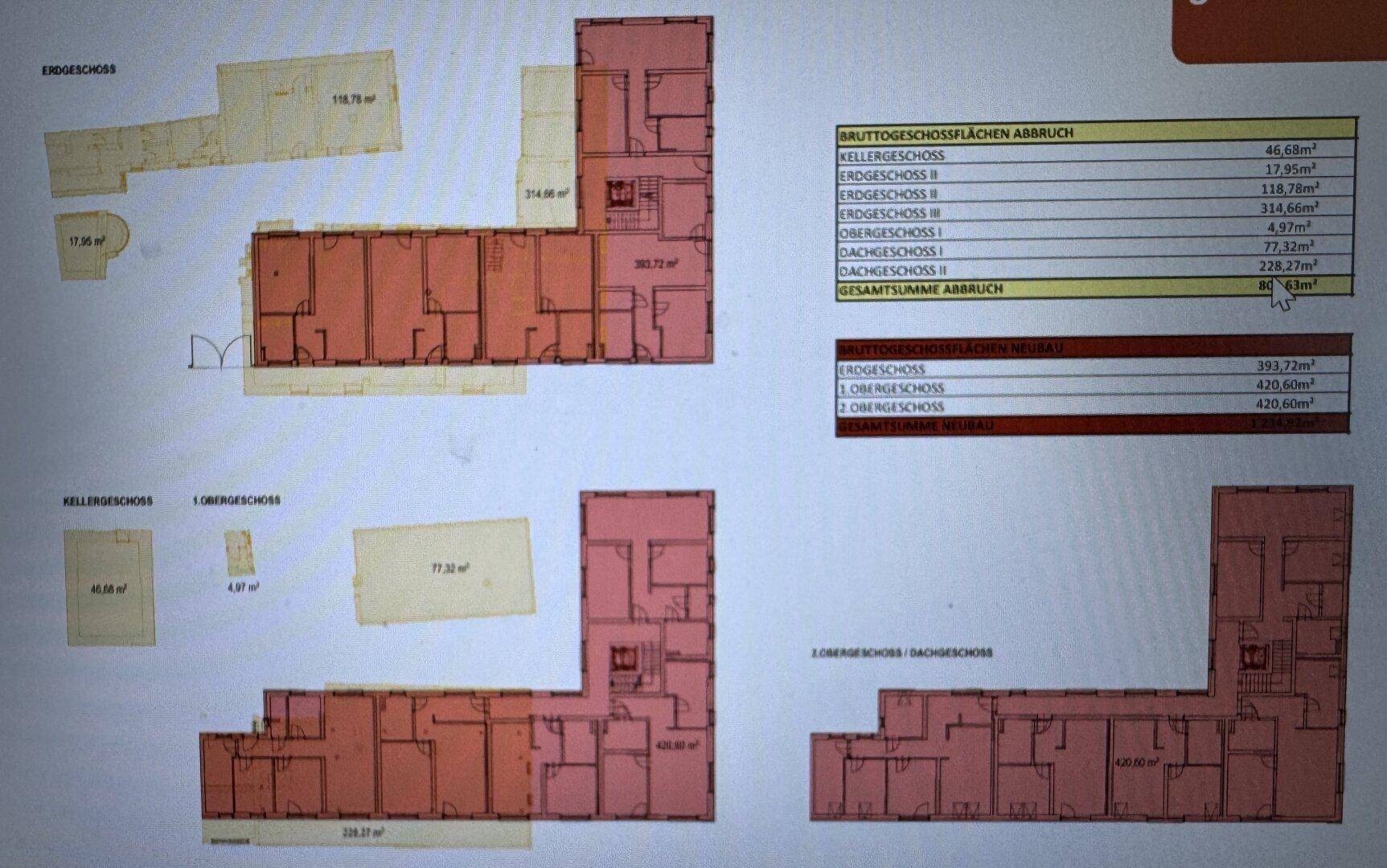 Übersicht der Grundrisse für verschiedene Geschosse mit Flächenangaben für Neubau und Abbruch.