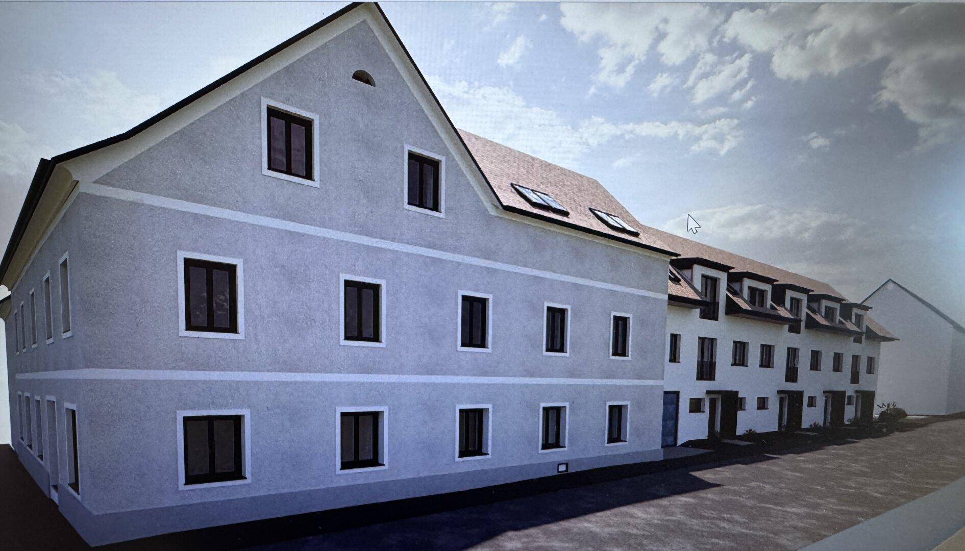 Visualisierung der Gebäudefassade mit heller Putzfassade und dunklen Fensterrahmen.
