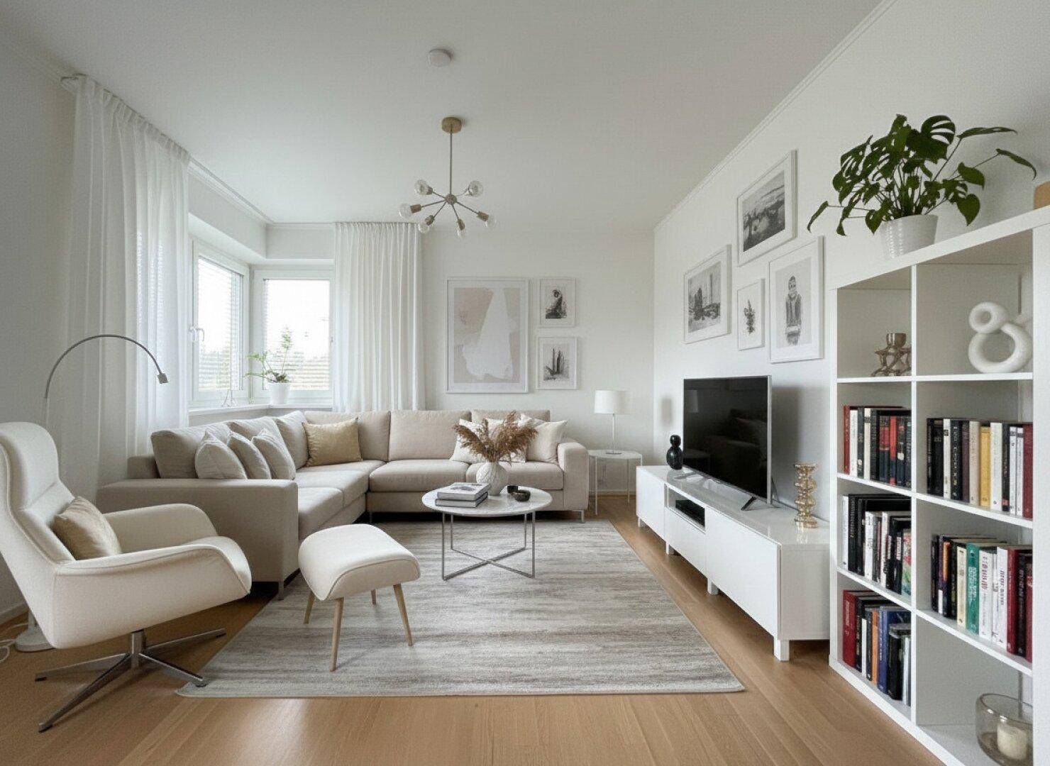 Modernes Wohnzimmer mit hellem Sofa, Bücherregal und vielen Bildern an der Wand.