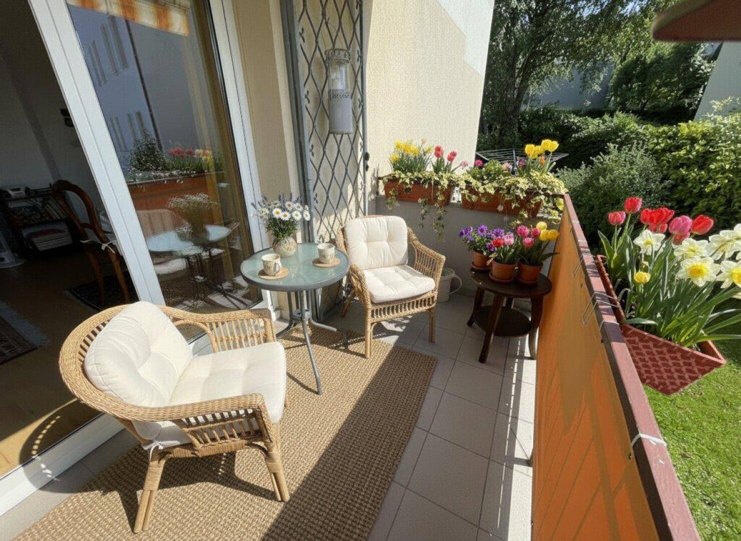 Gemütlicher Balkon mit Korbmöbeln, vielen Blumen und Blick ins Grüne.