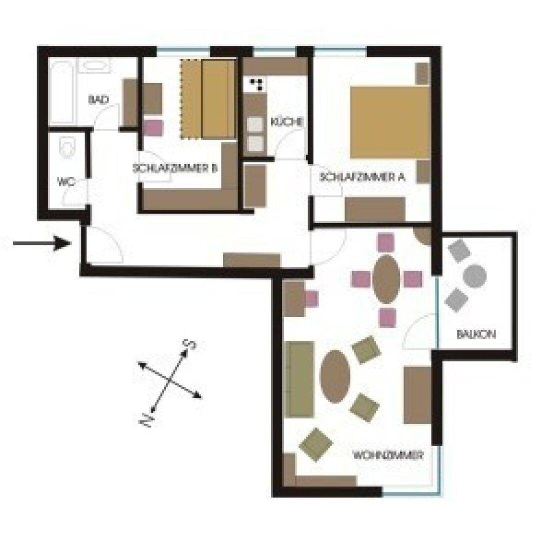 Grundriss einer Wohnung mit zwei Schlafzimmern, offenem Wohnbereich, Küche, Bad und Balkon.