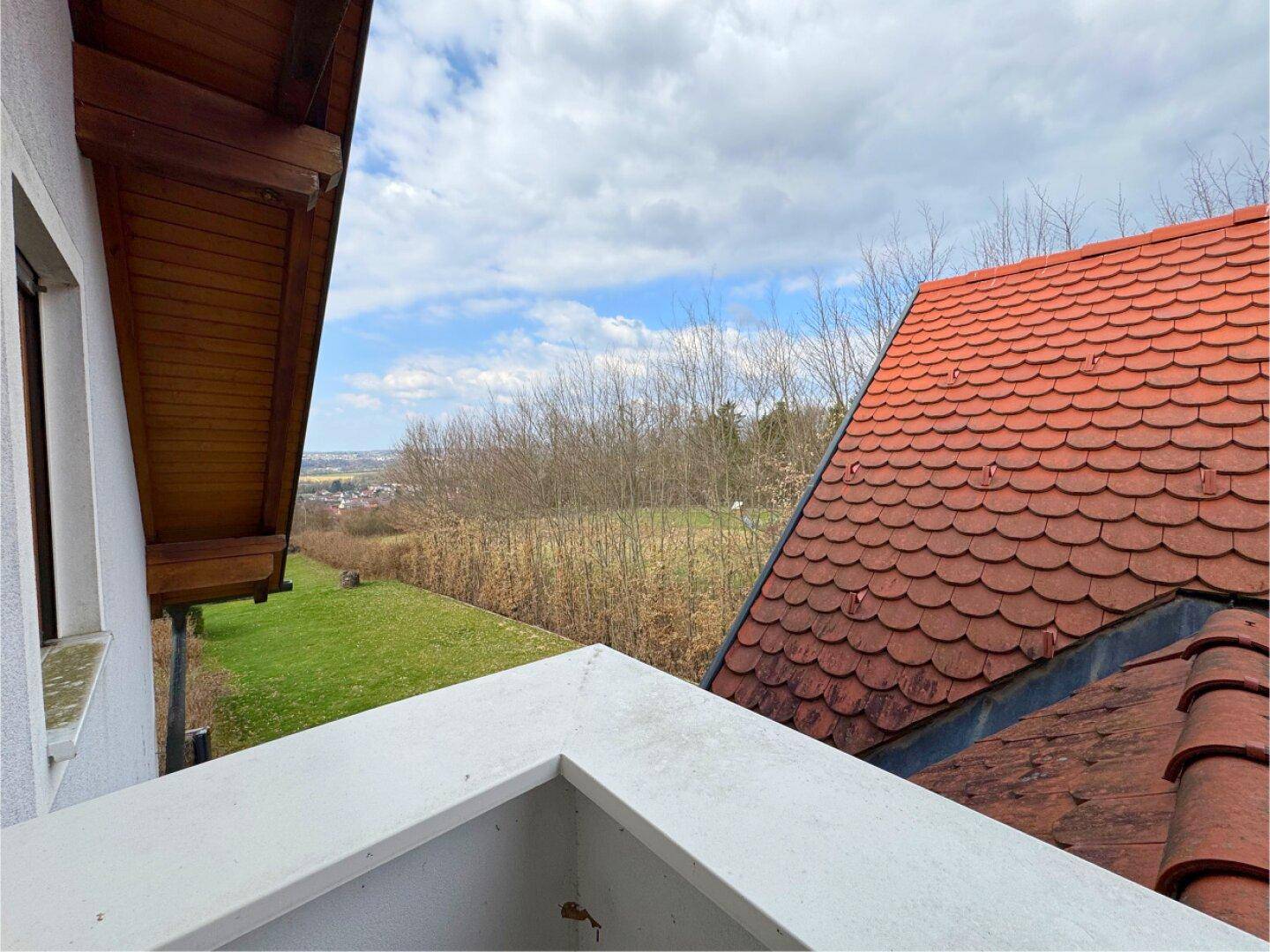 Detailansicht des Daches und der Hausfassade mit Blick auf die umliegende Natur.