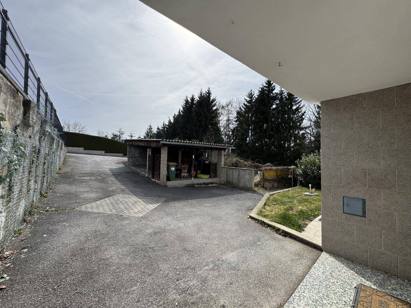 Zufahrt zum Grundstück mit Carport und weiteren Parkmöglichkeiten im Freien umgeben von Bäumen.