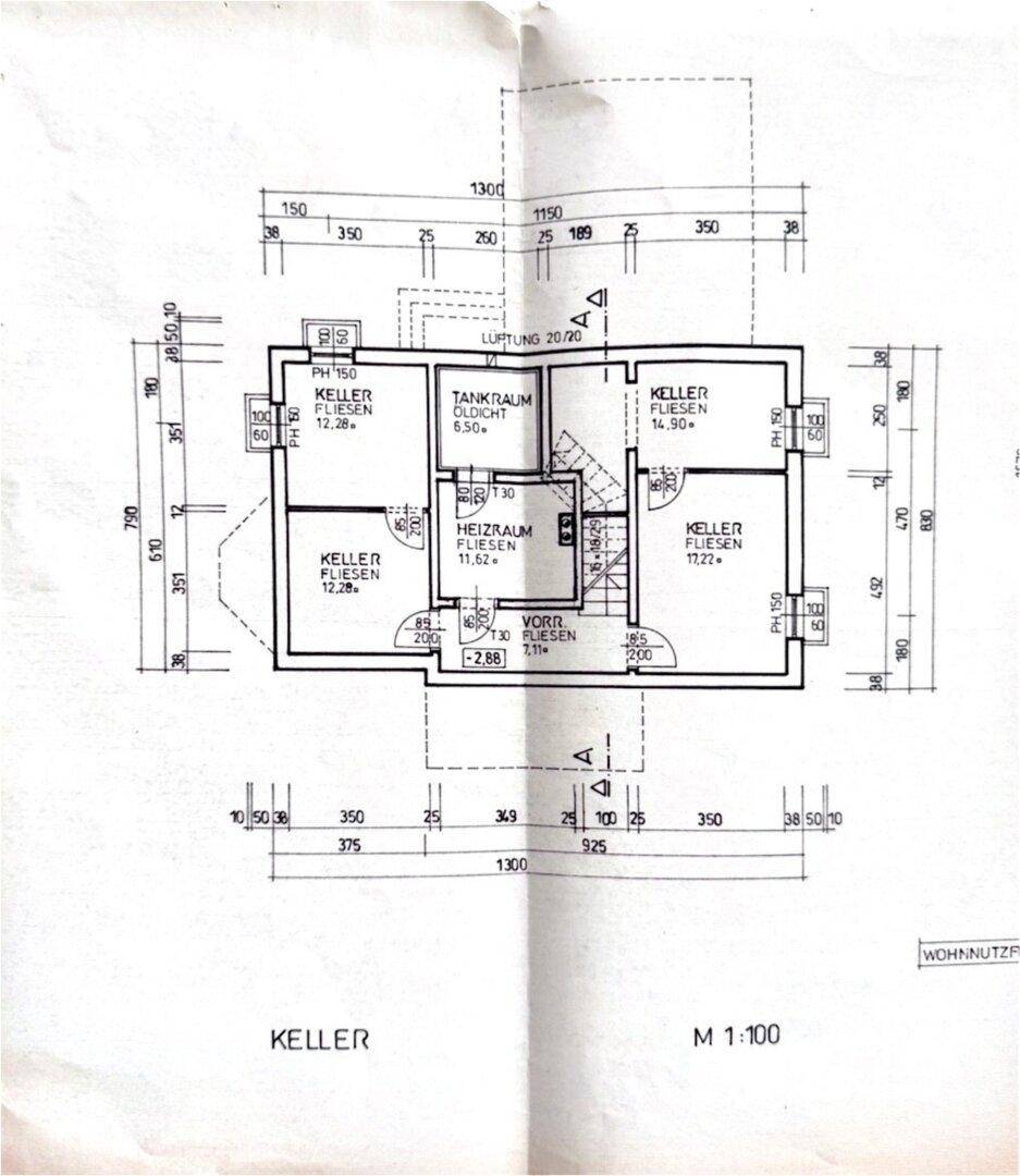 Grundriss des Kellers mit mehreren Kellerräumen und Heizraum.