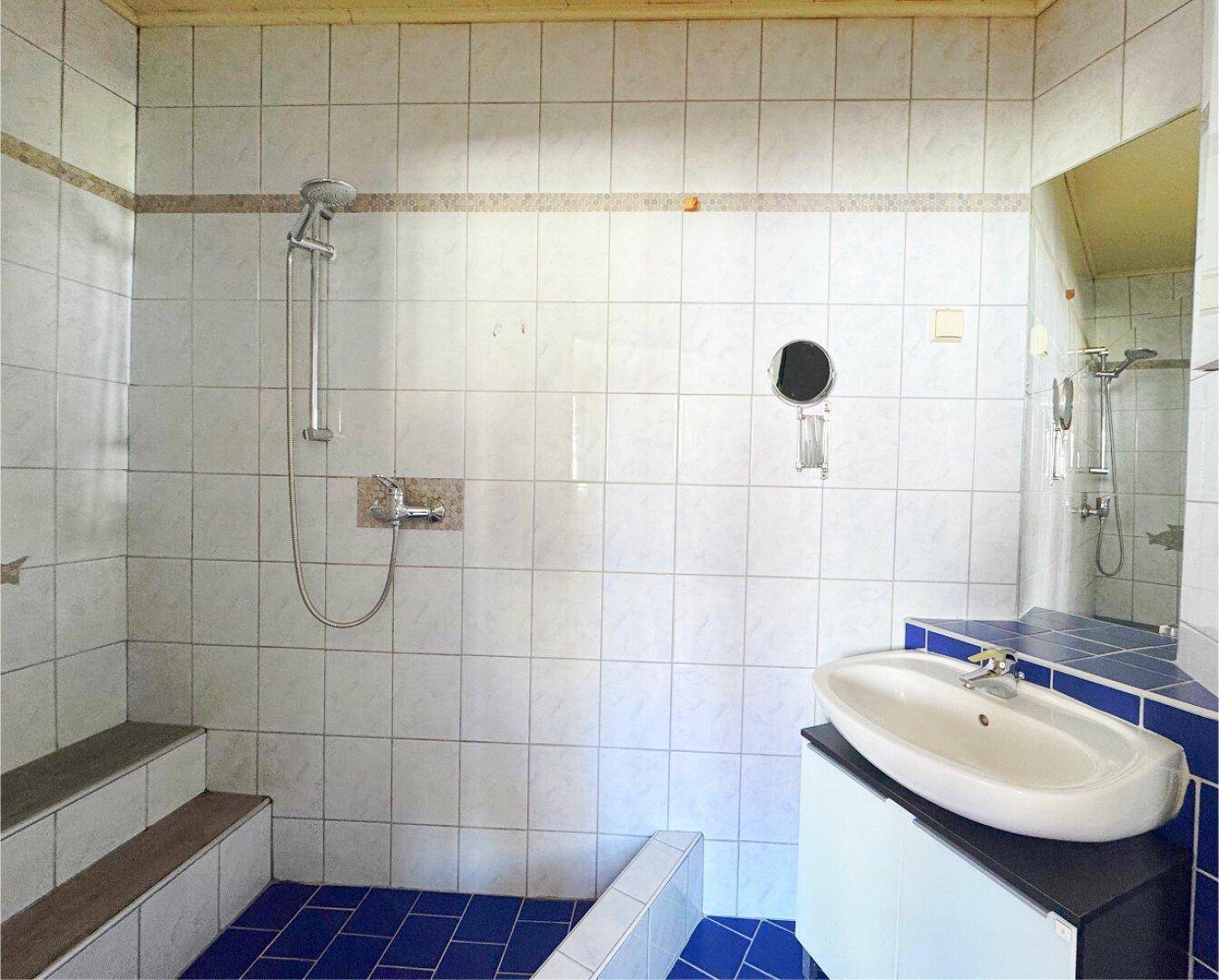 Badezimmer mit weißen und blauen Fliesen, Dusche und modernem Waschbecken.