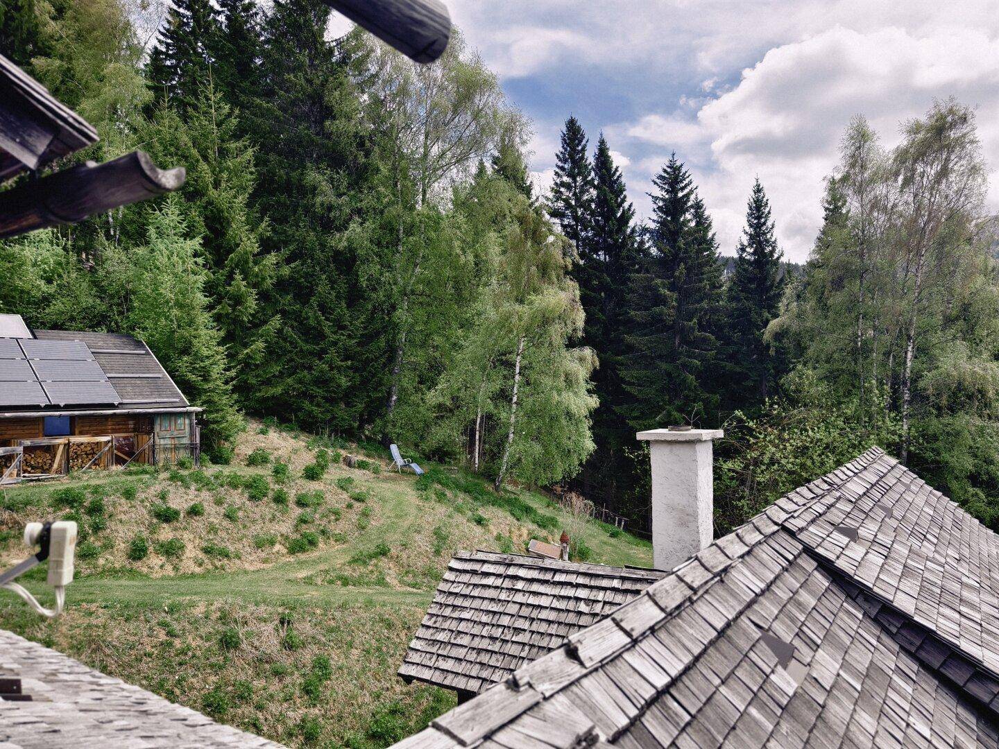 Blick über ein traditionelles Holzschindeldach auf die bewaldete Hügellandschaft.