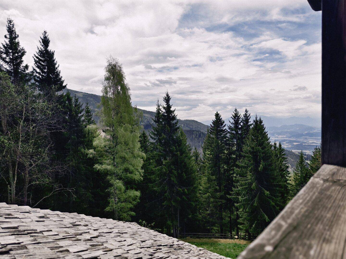Weitläufiger Blick auf die bewaldeten Berge und das Tal von einem erhöhten Standpunkt.