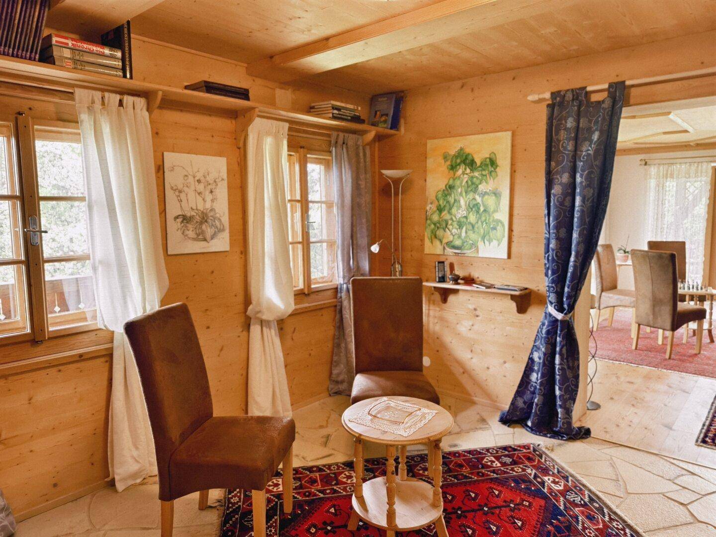 Gemütliches Wohnzimmer mit Holzwänden, Teppich und Blick auf den Essbereich.