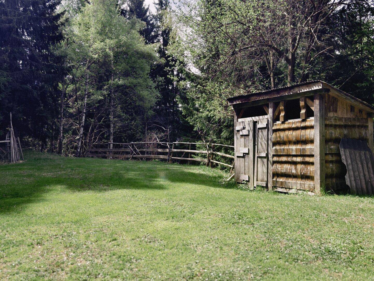 Rustikaler Holzschuppen auf einer grünen Wiese, umgeben von einem Holzzaun und hohen Bäumen.