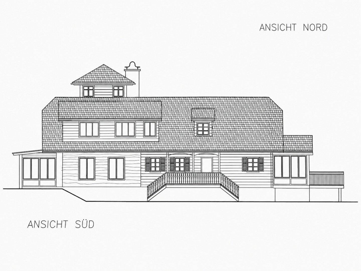 Nord- und Südansicht des Gebäudes mit traditioneller Architektur und Fenstern.