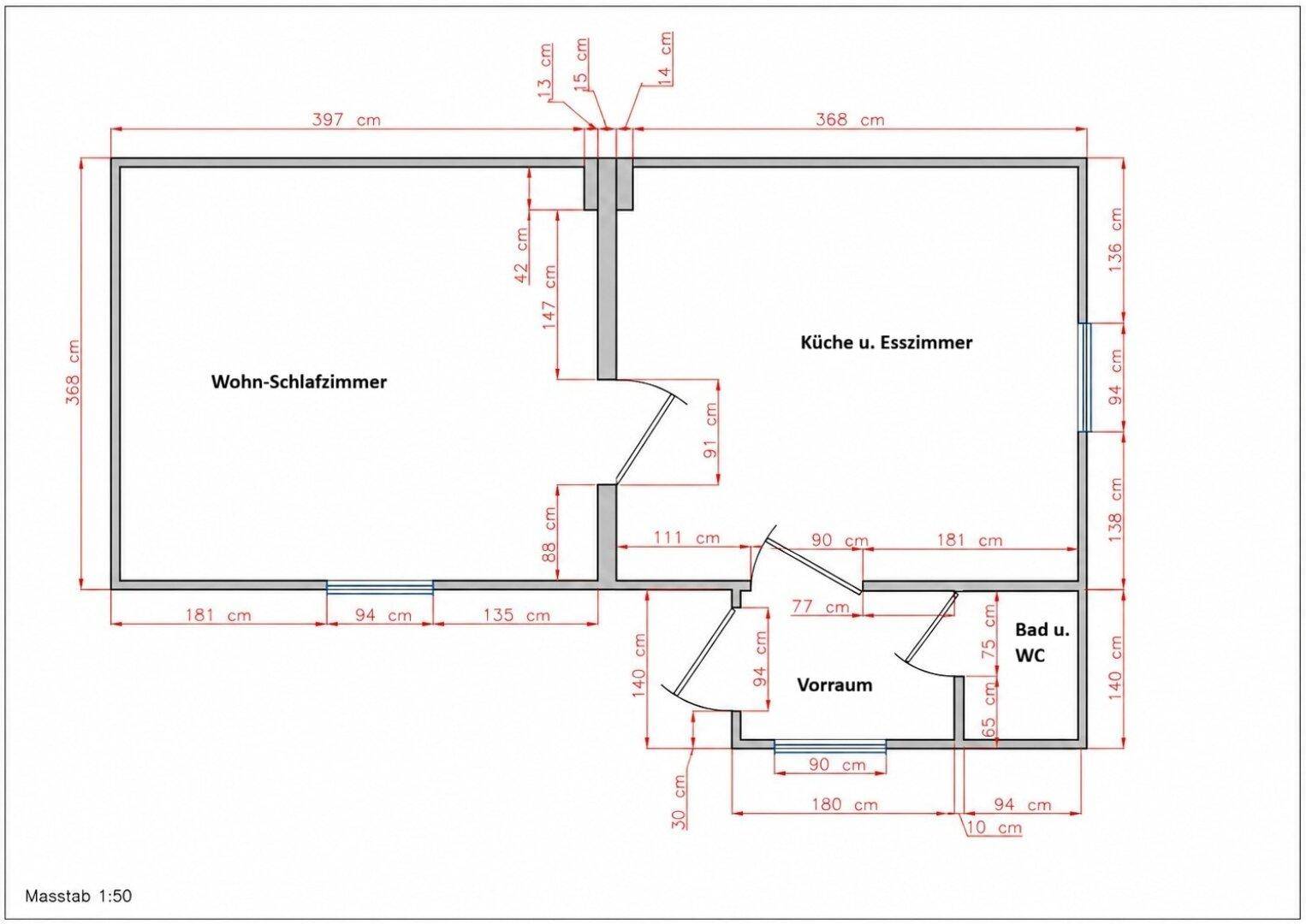 Einfacher Grundriss mit Maßen für Wohn-Schlafzimmer, Küche, Esszimmer und Badezimmer.