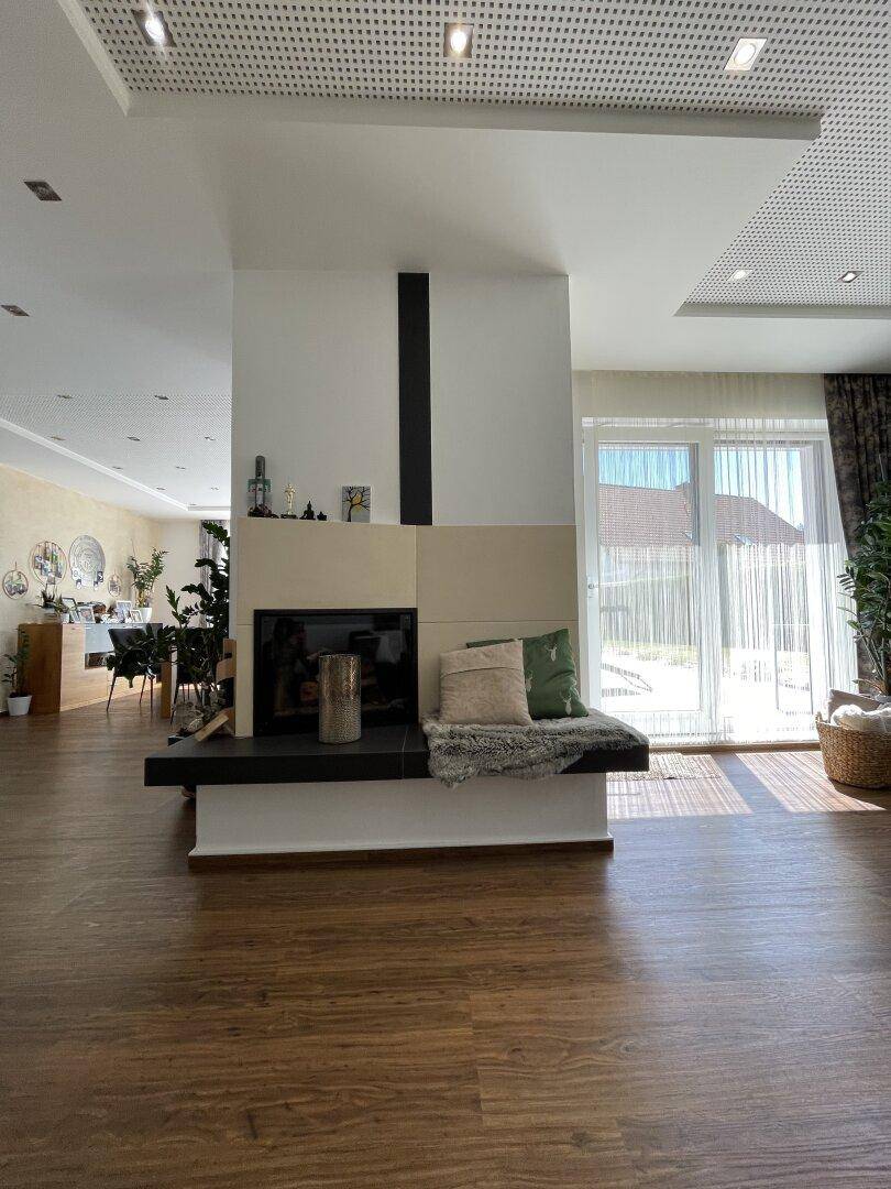 Offener Wohnbereich mit modernem Kamin und Blick auf den angrenzenden Essbereich.