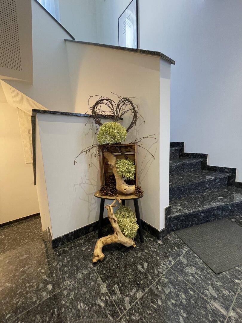 Treppenhaus mit dunklen Granitstufen und einer stilvollen Holzdekoration, die den Eingangsbereich aufwertet.