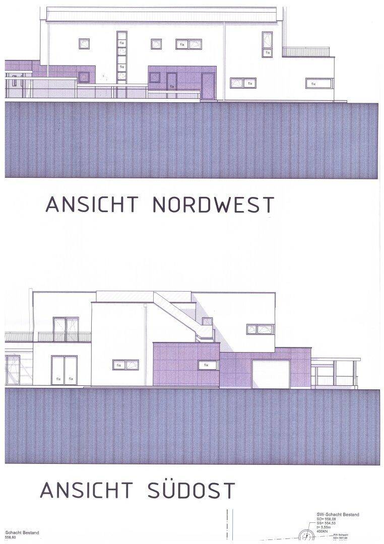 Architektonische Ansichten des Gebäudes von Nordwest und Südost, mit modernen Fassadenelementen.