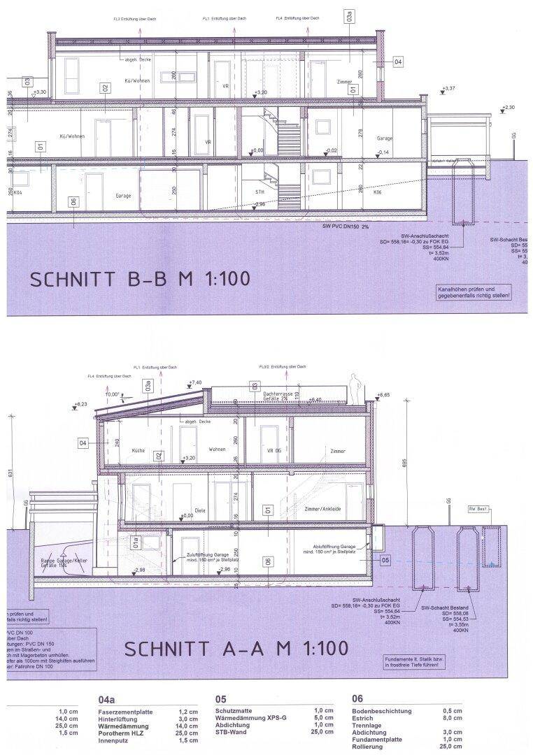 Architektonische Schnitte des Gebäudes, die die interne Struktur und die verschiedenen Ebenen darstellen.