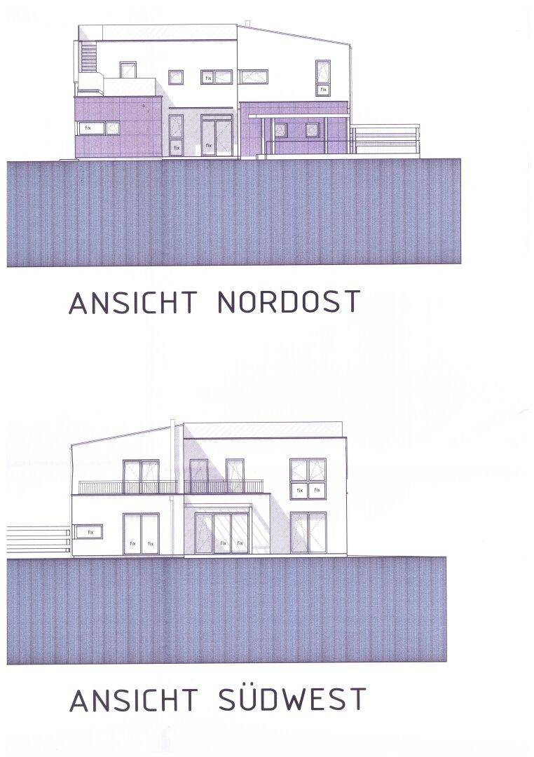 Architektonische Ansichten des Gebäudes von Nordost und Südwest, zeigen die Fassadengestaltung.