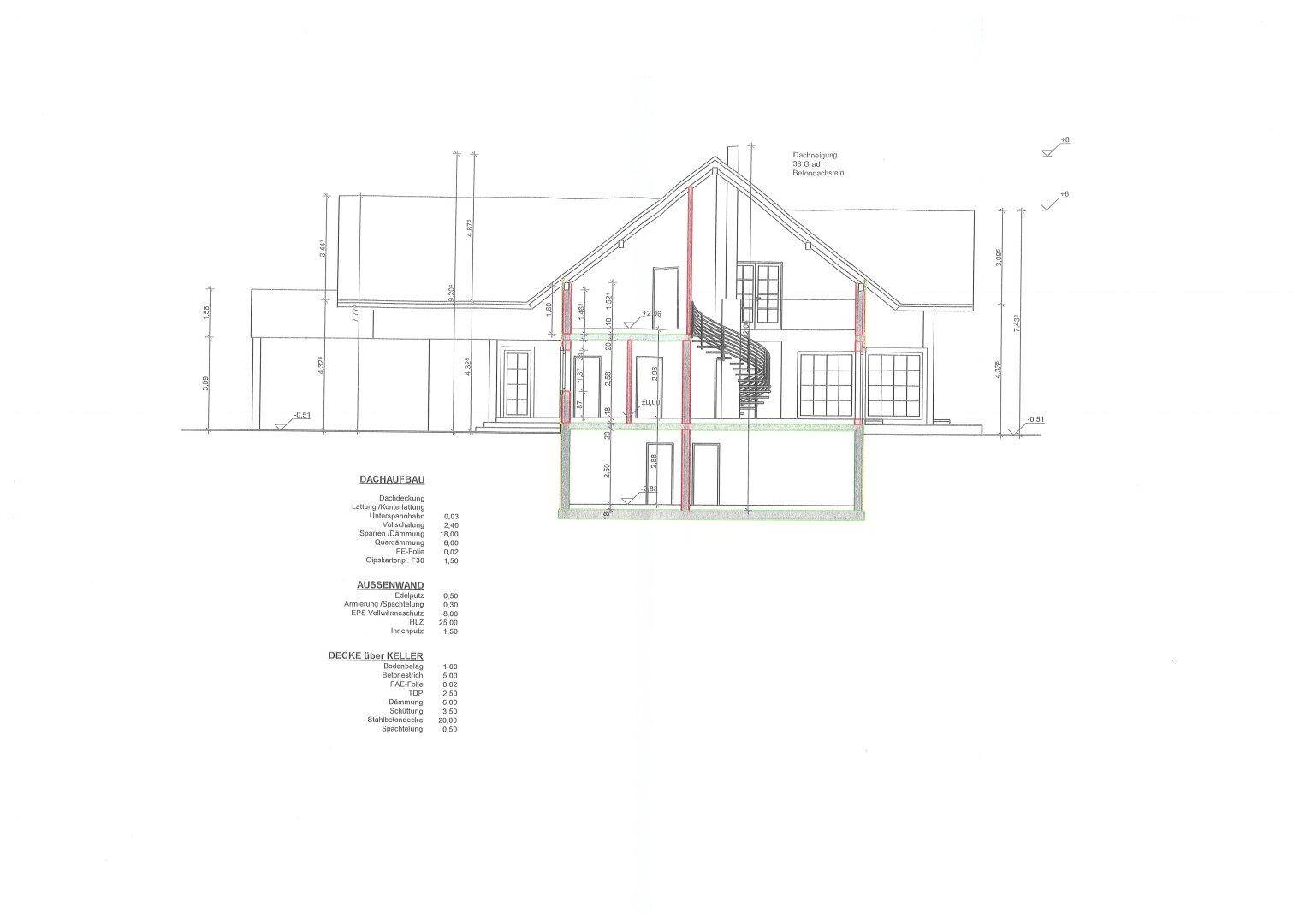 Schnittzeichnung des Hauses mit Dachaufbau, Außenwanddetails und Deckenkonstruktion.