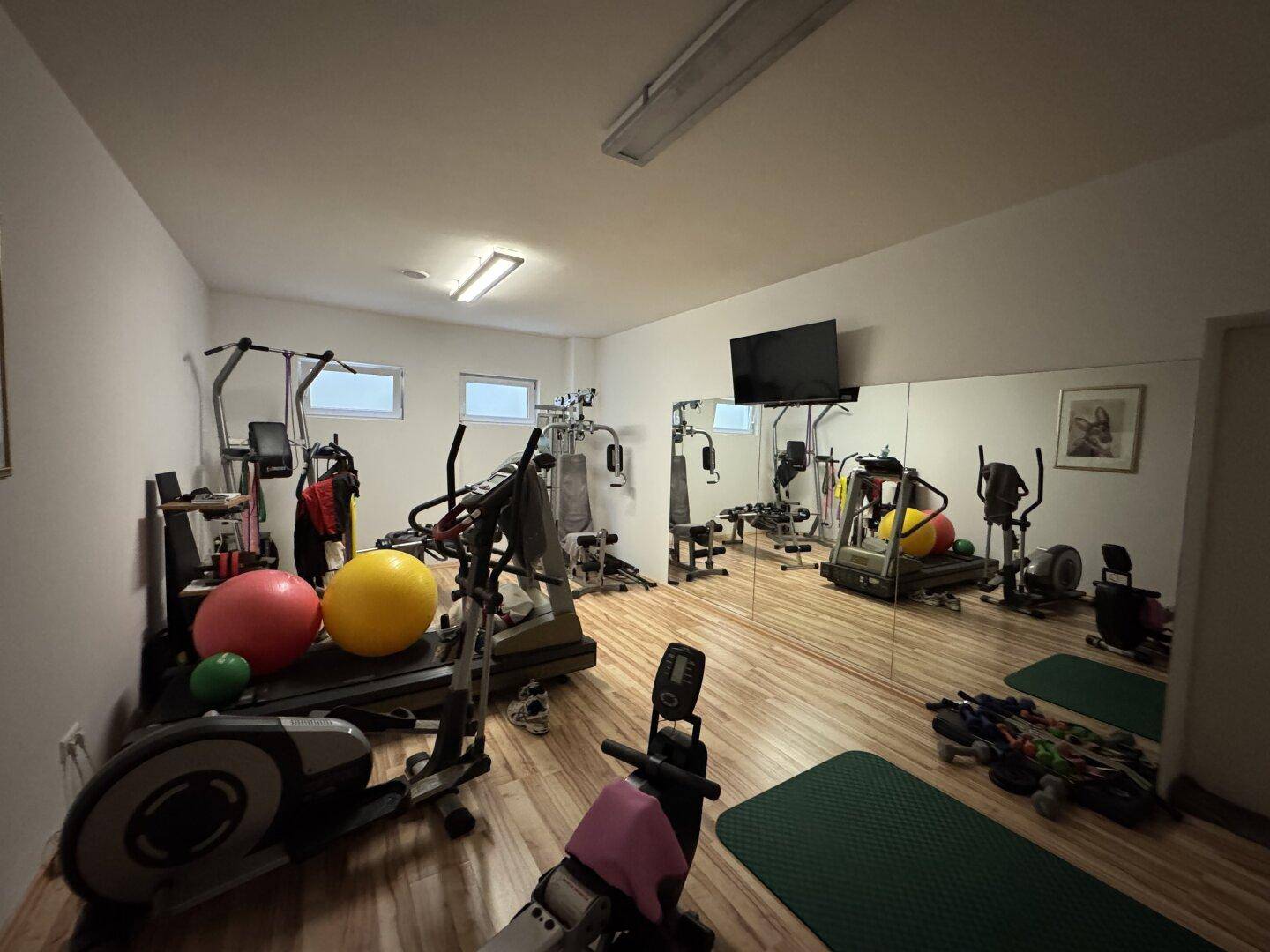 Gut ausgestatteter Fitnessraum im Untergeschoss mit verschiedenen Trainingsgeräten und Spiegelwand.