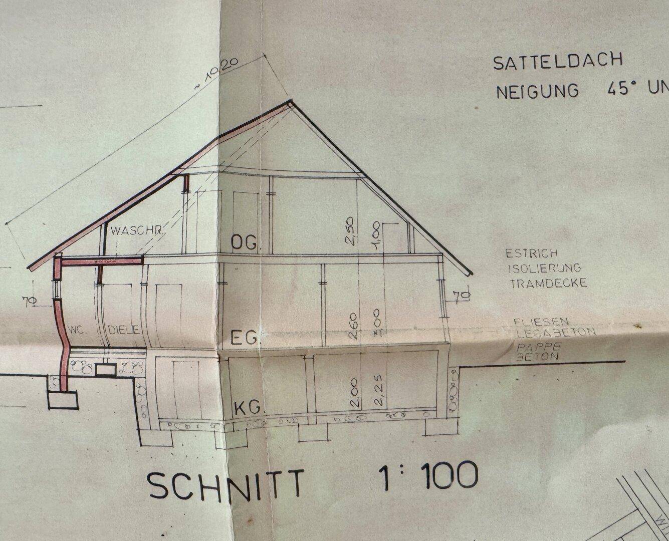 Gebäudeschnitt mit Satteldach, Kellergeschoss, Erdgeschoss und Obergeschoss, inklusive Waschraum und WC.