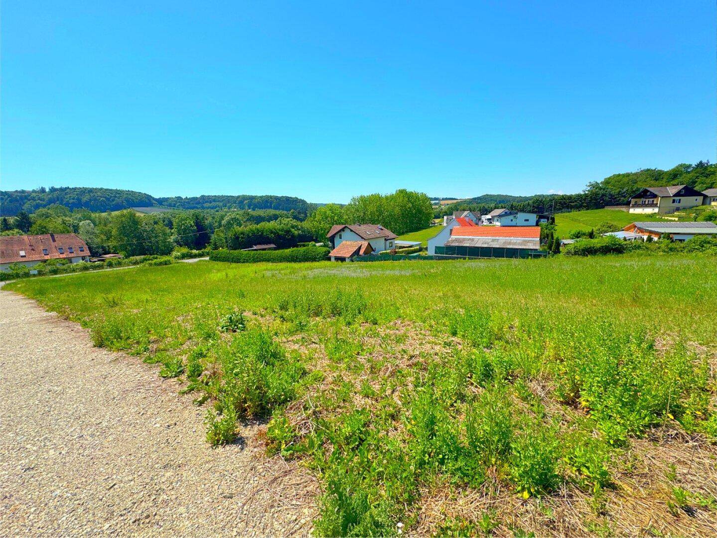 Panoramablick über ein weites grünes Feld mit vereinzelten Häusern und bewaldeten Hügeln am Horizont.