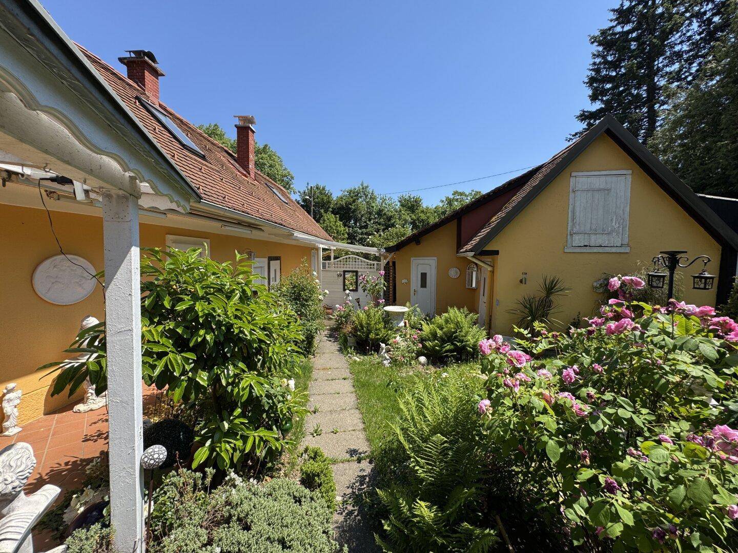 Gartenweg zwischen zwei Gebäuden, umgeben von blühenden Rosen und grünen Sträuchern.