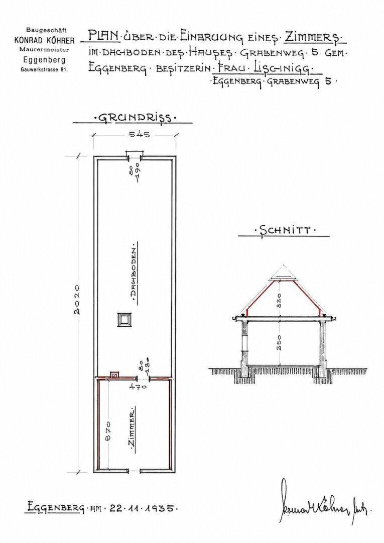 Historischer Plan eines Dachbodenzimmers mit Schnittansicht aus dem Jahr 1935.