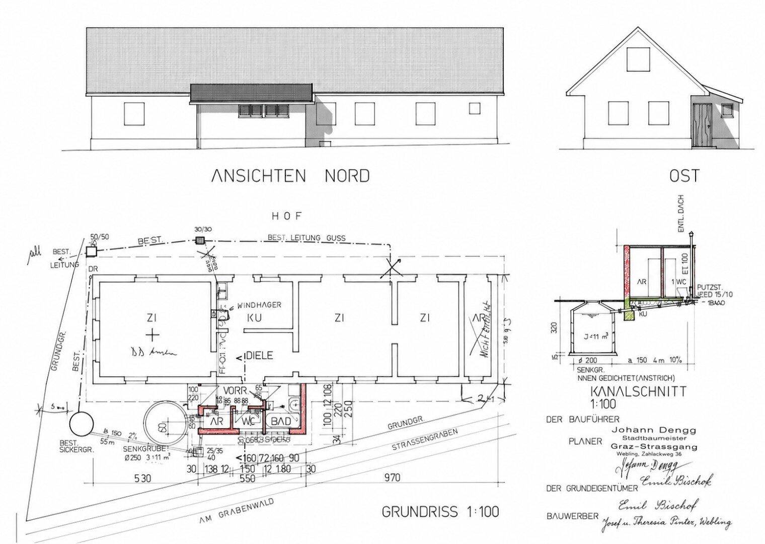 Ansichten und Grundriss eines Gebäudes mit Kanalisationsschnitt und Hofbereich.