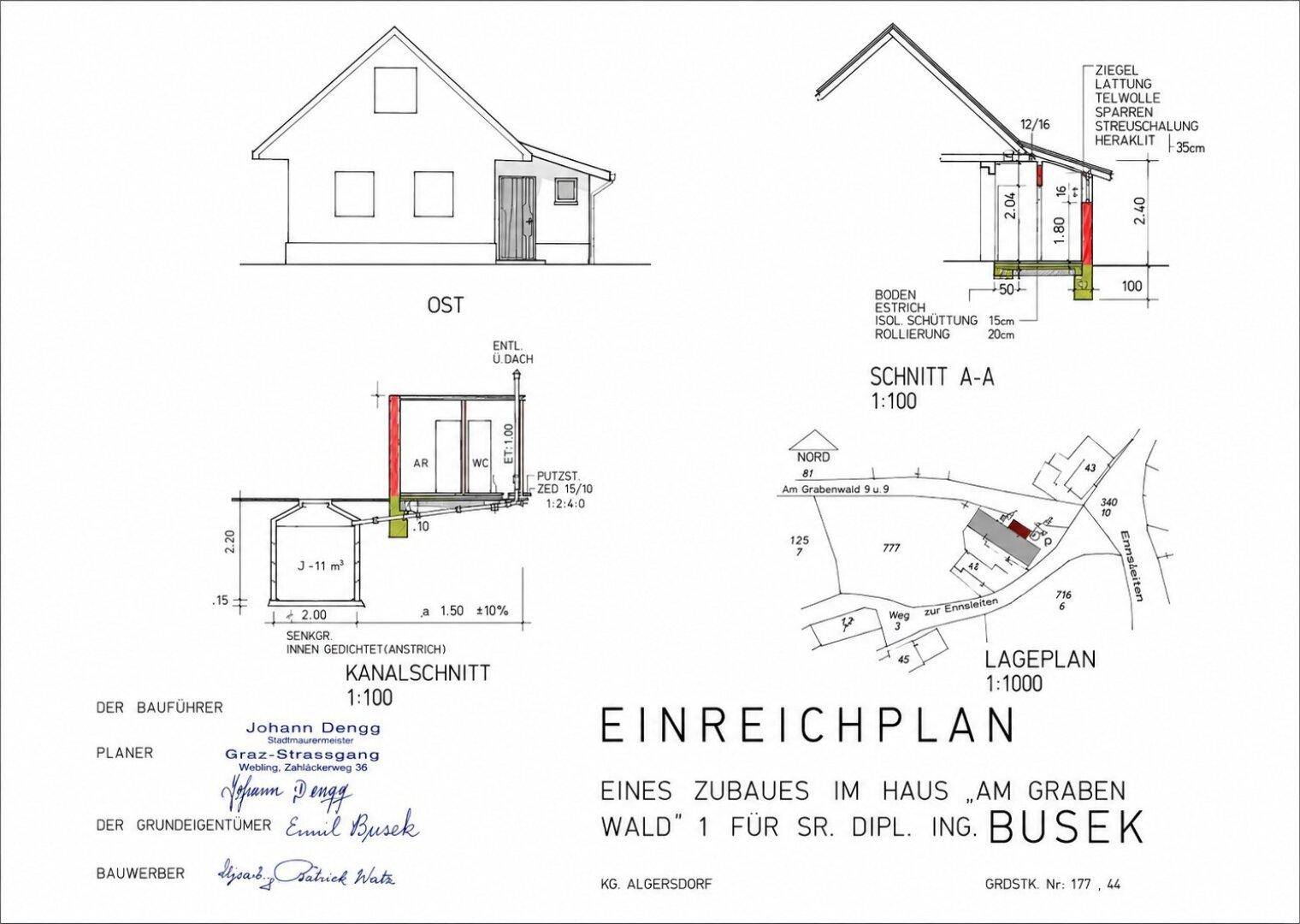 Einreichplan für einen Zubau mit Ostansicht, Schnitt und Lageplan.